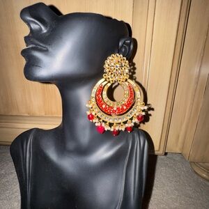 Statement Chand Bali in Elegant Gold and Red Statement Earrings